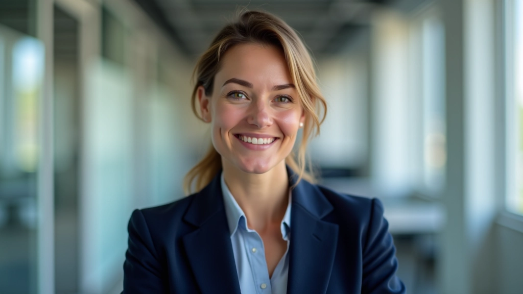 Geschäftsfrau mittleren Alters in dunklem Blazer, Porträt von der Brust aufwärts, modernes Büro mit natürlichem Licht