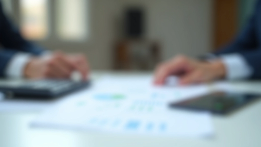 Finanzdiagramm und Taschenrechner auf Schreibtisch mit Finanzberichten, weiches Licht, unscharf