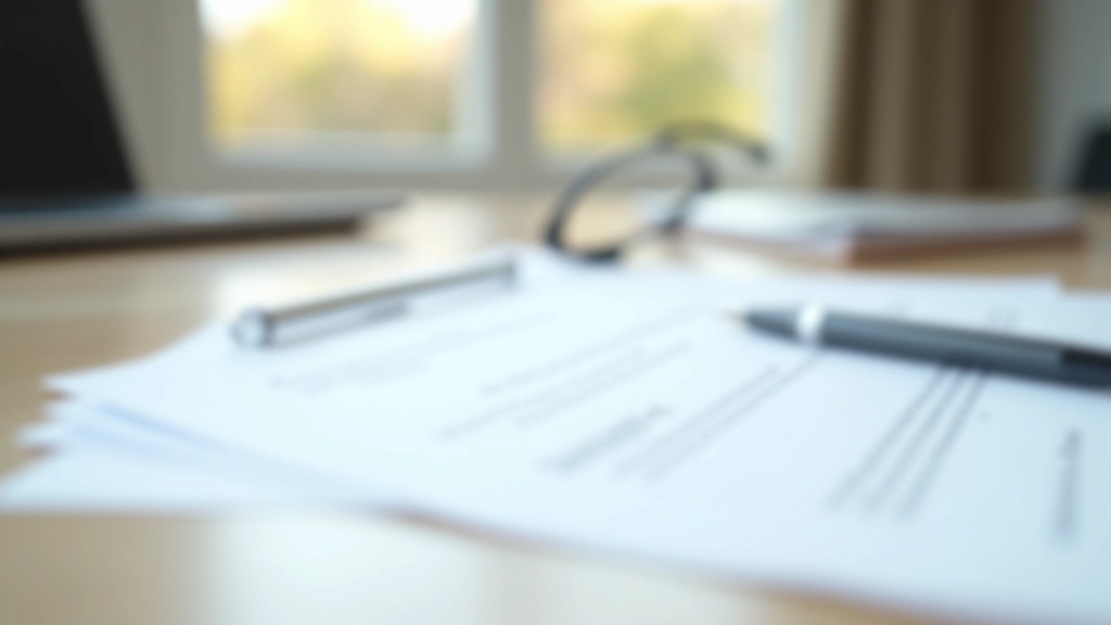 Versicherungsvertrag und Brille auf Schreibtisch mit Stift, Nahaufnahme, natürliches Licht