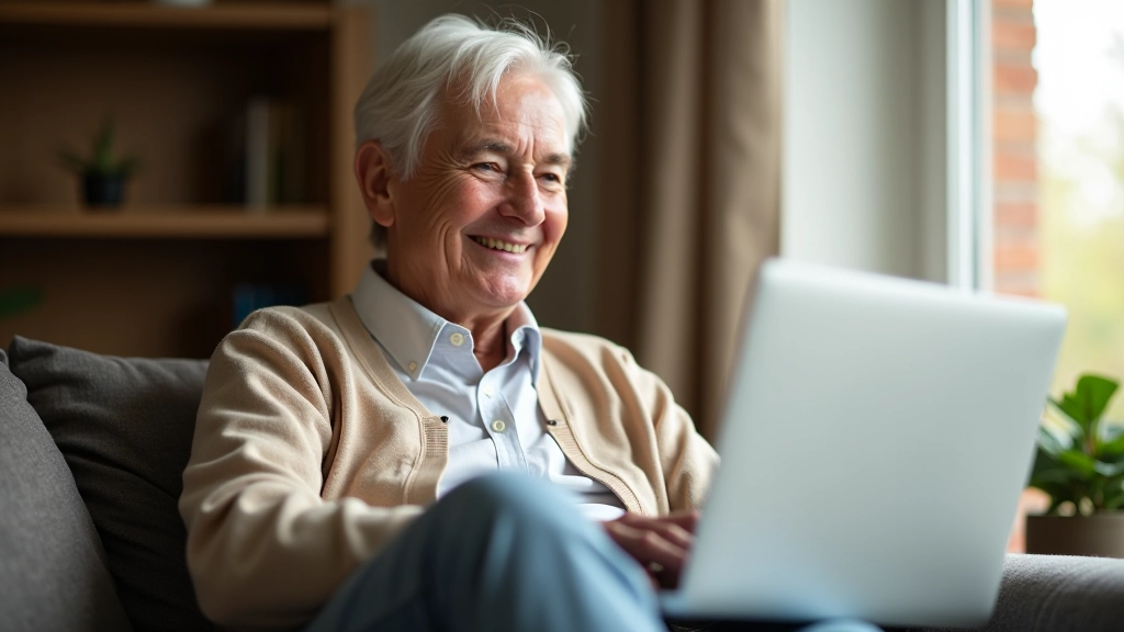 Rentner sitzt mit Laptop im Wohnzimmer, freudiger Ausdruck, natürliches Tageslicht, gemütliche Umgebung