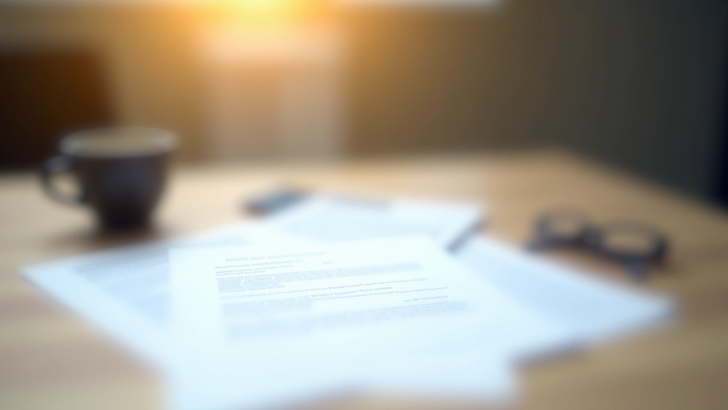 Dokumente und Stift auf einem Schreibtisch mit Kaffee und Brille