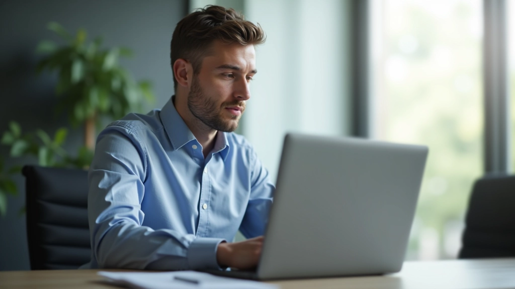 Person schaut nachdenklich auf Laptop mit Finanzdiagrammen, helles Büro, konzentrierter Ausdruck