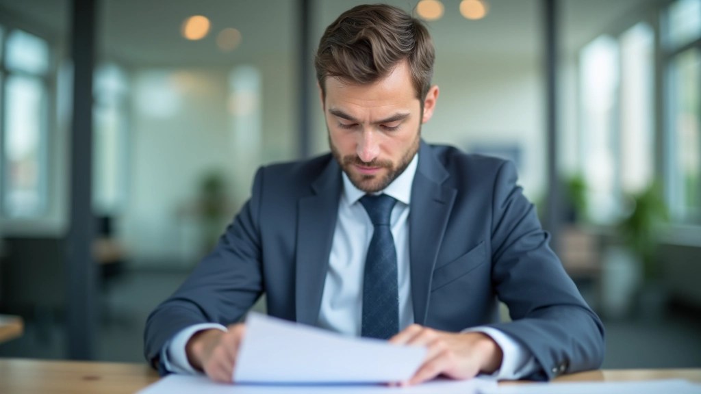 Person studiert konzentriert Versicherungsdokumente mit Stift in der Hand