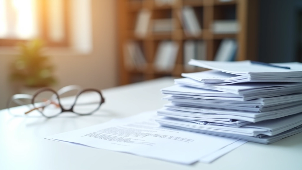 Dokumentenstapel mit Pensionspapieren und Verträgen auf Schreibtisch